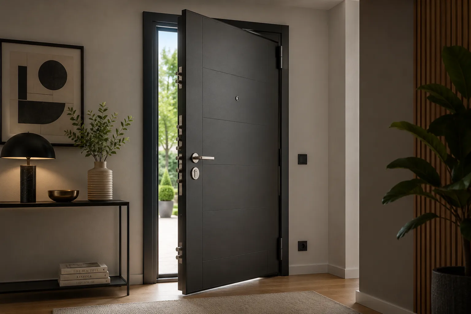 Porta blindada Fichet instalada num hall residencial no Porto.