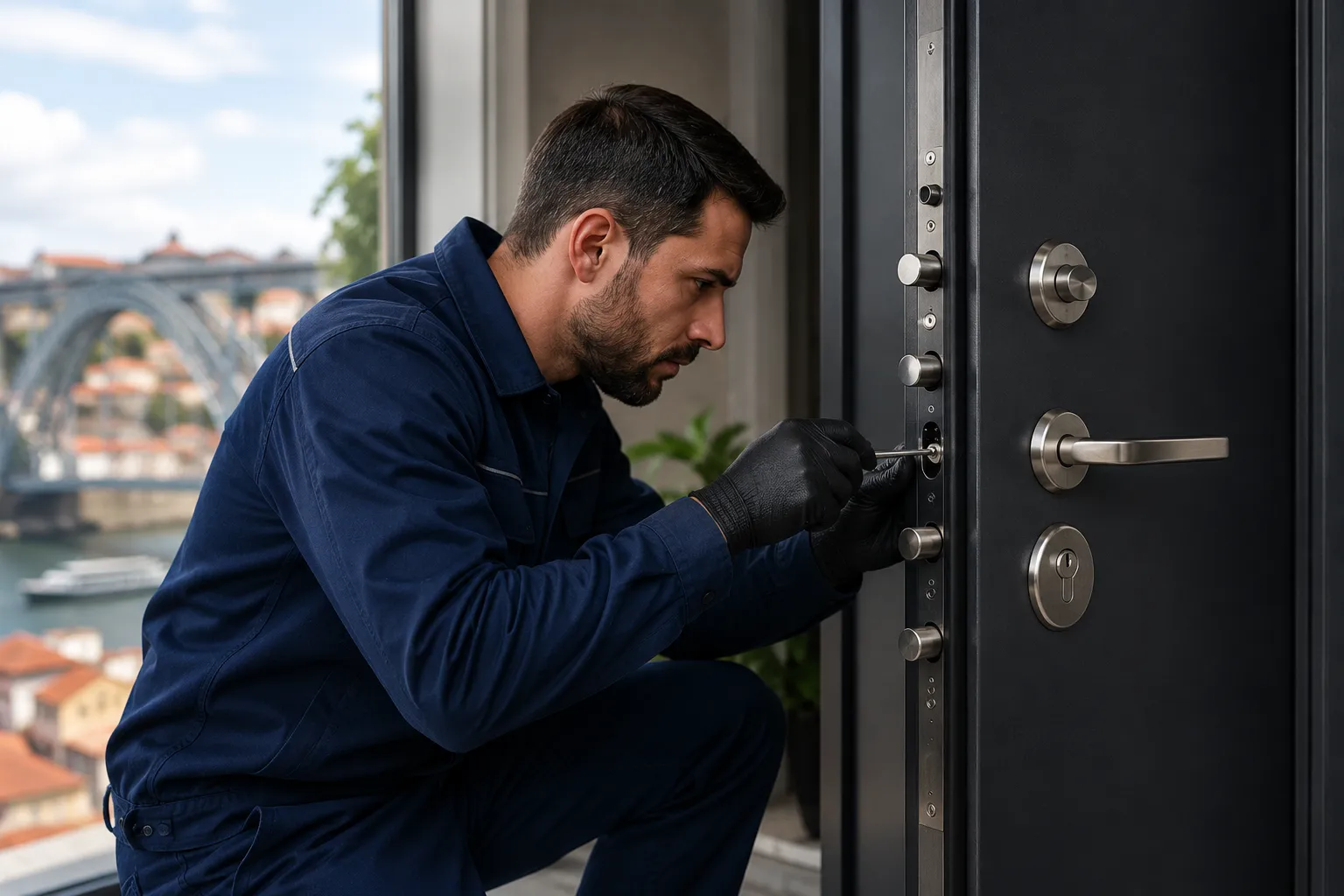 Técnico a trabalhar no mecanismo multiponto de uma porta blindada.